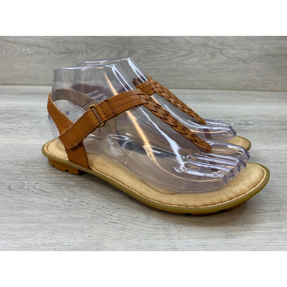 Born Handcrafted Leather Braided T-Strap Sandals Tan Women's 6 Comfort Shoes